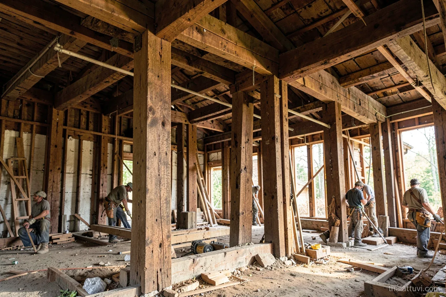 The wooden frame of an old house under construction with thick main pillars and thinner side beams, low angle, carpenters seen from behind, morning light