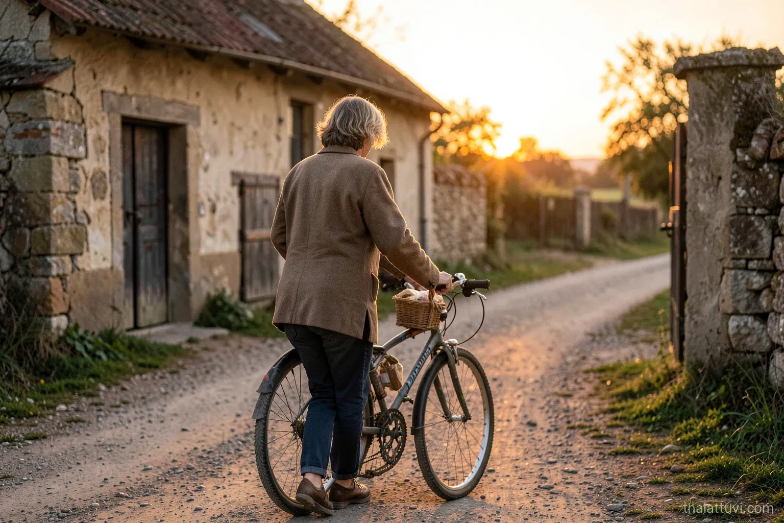 A woman around forty seen from behind loading a bicycle with a small bundle at the gate of an old village house at sunrise, dirt road ahead, warm amber light