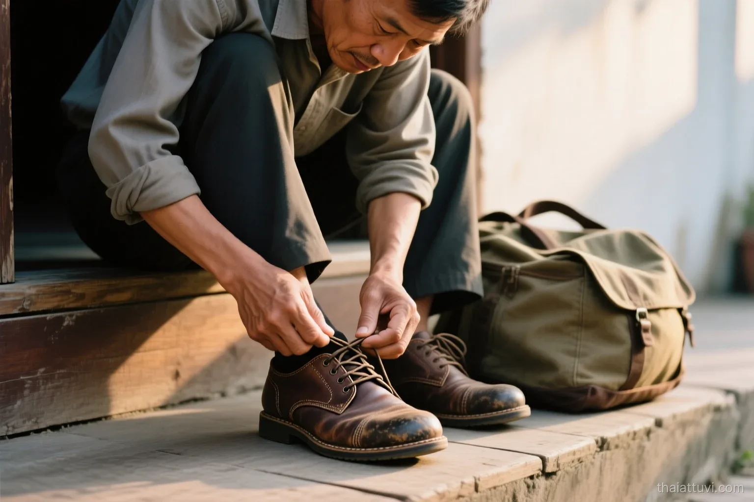 Close-up of a Vietnamese man in his early forties tying the laces of worn leather shoes on a wooden doorstep at first light, a packed canvas bag beside him