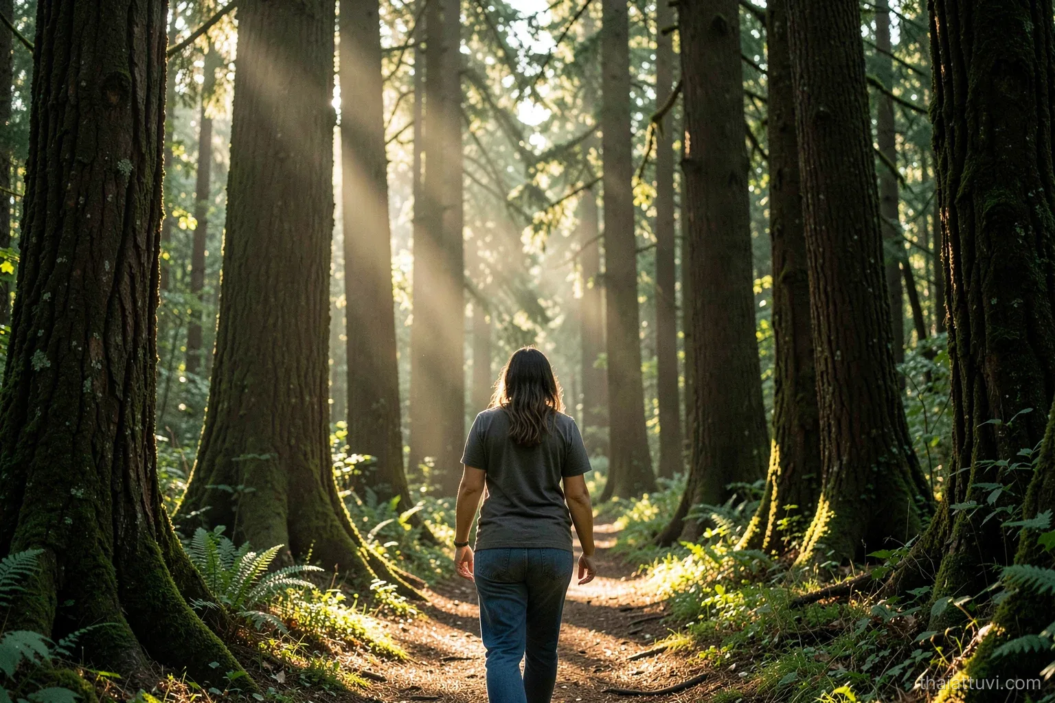 A woman in her thirties seen from behind walking slowly through a tall old-growth forest path at early morning, sunlight beams between trunks, deep green and gold