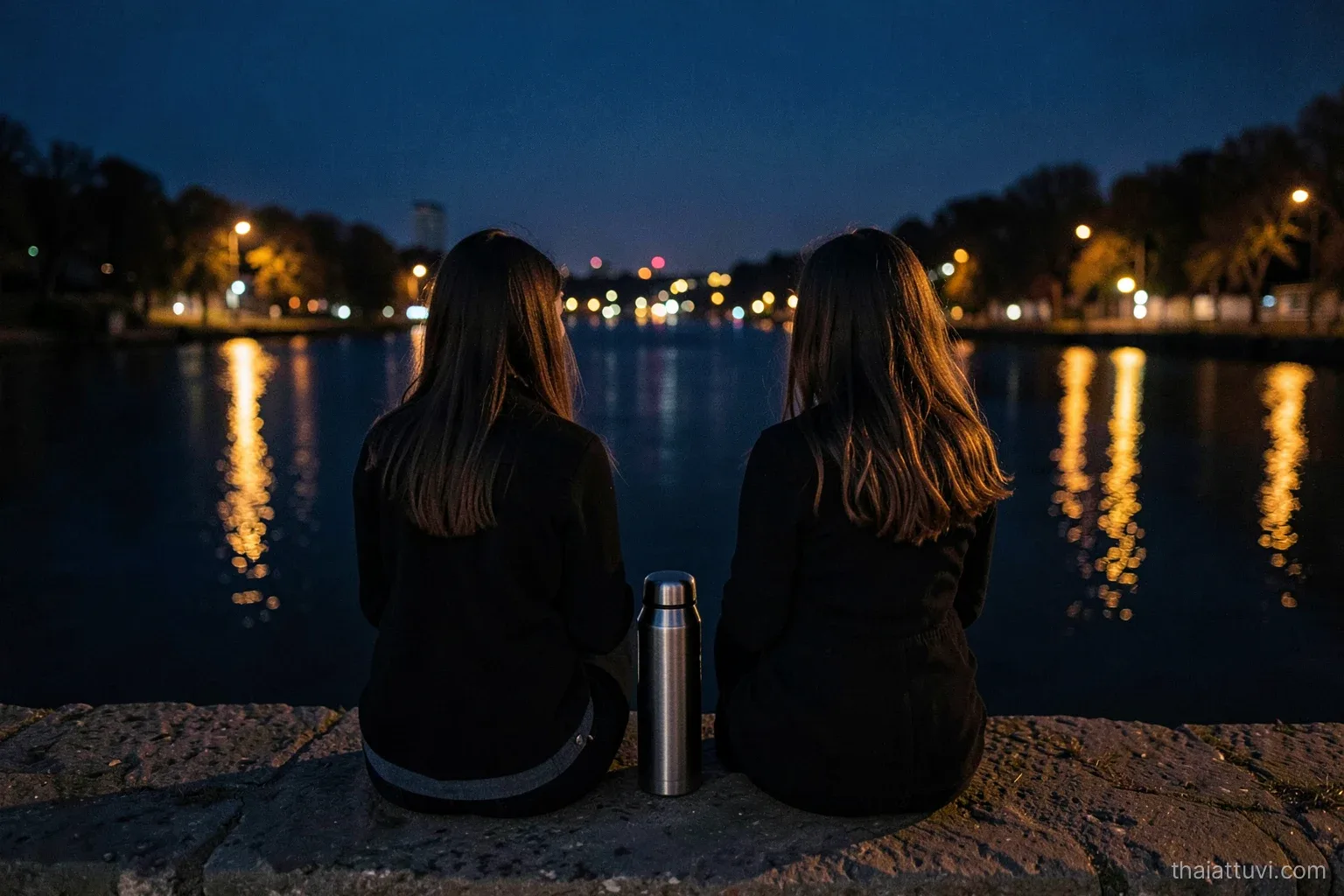 Two young women seen from behind sitting on a riverside stone embankment at night, city lights reflected in dark water, a thermos between them, cool indigo and amber tones