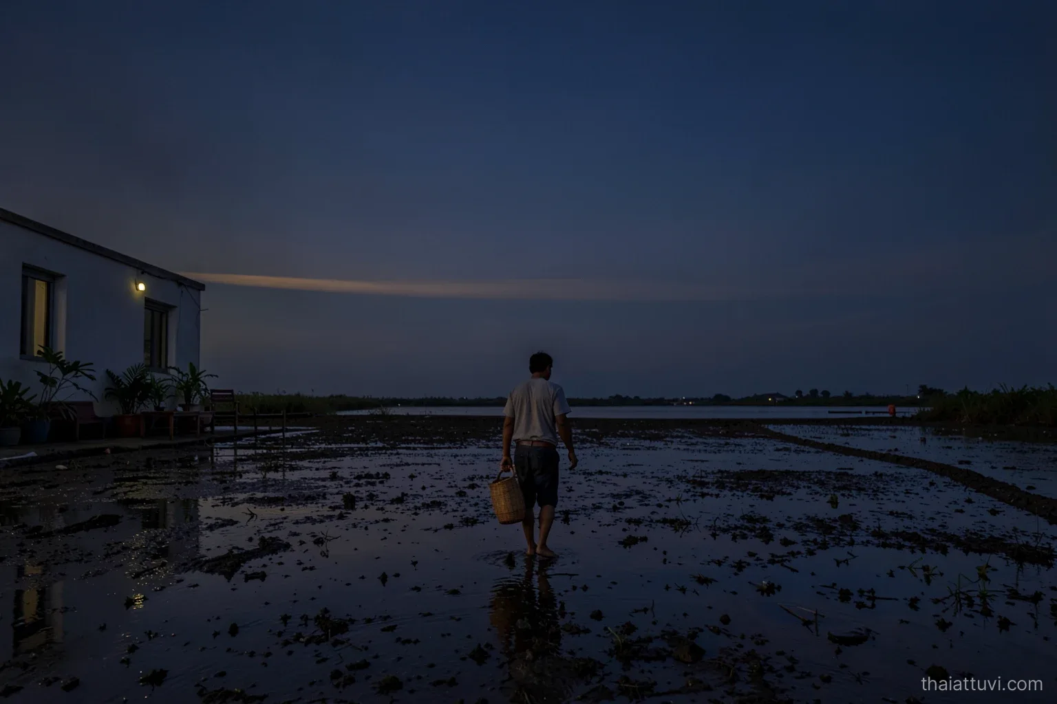 Low tide on a wide Vietnamese mudflat at dusk, a lone man seen from behind carrying a bamboo basket toward the water line, indigo sky with a thin gold band