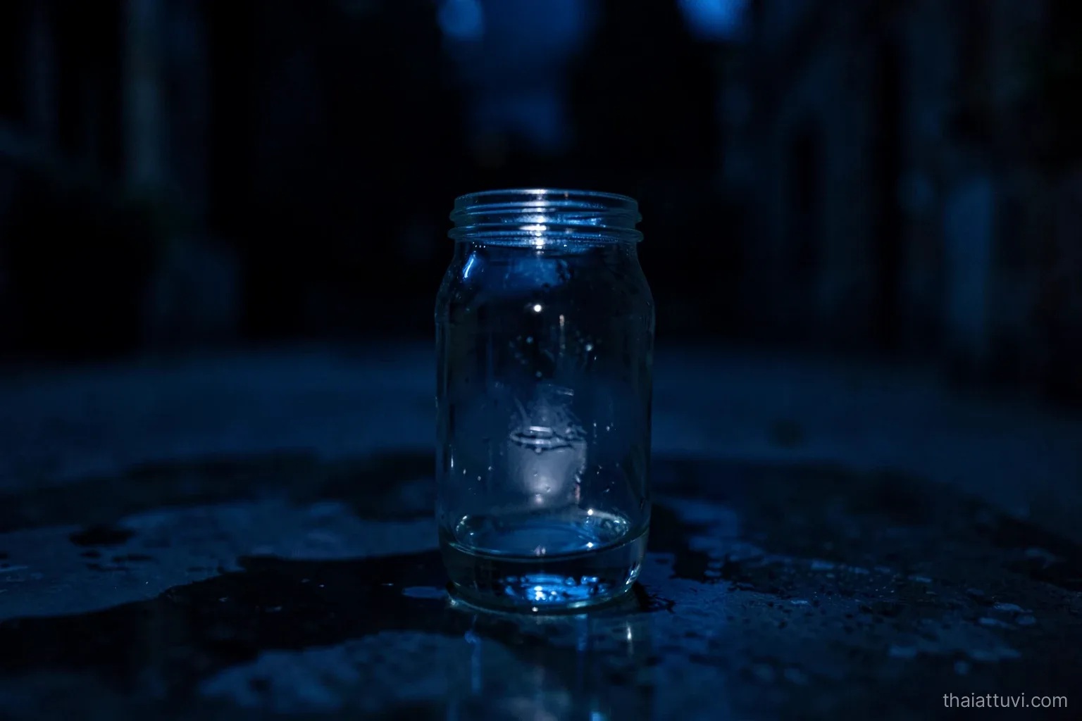 Moonlight reflected in a still water jar in a dark courtyard at night, the moon itself out of frame, quiet indigo and silver tones