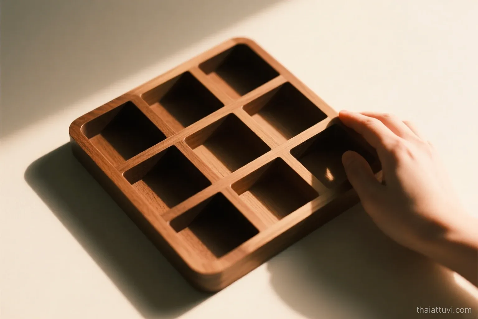 A hand resting beside a square wooden tray with one small empty central compartment surrounded by twelve cells, top-down view, warm side light