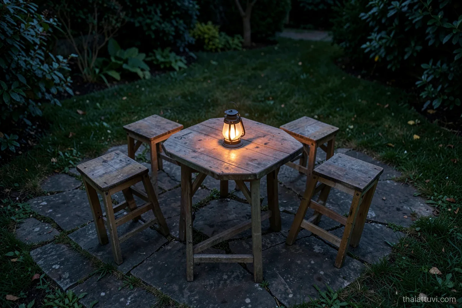 Three empty wooden stools arranged in a triangle around a low tea table in a garden at dusk, high angle, warm lantern glow on stone