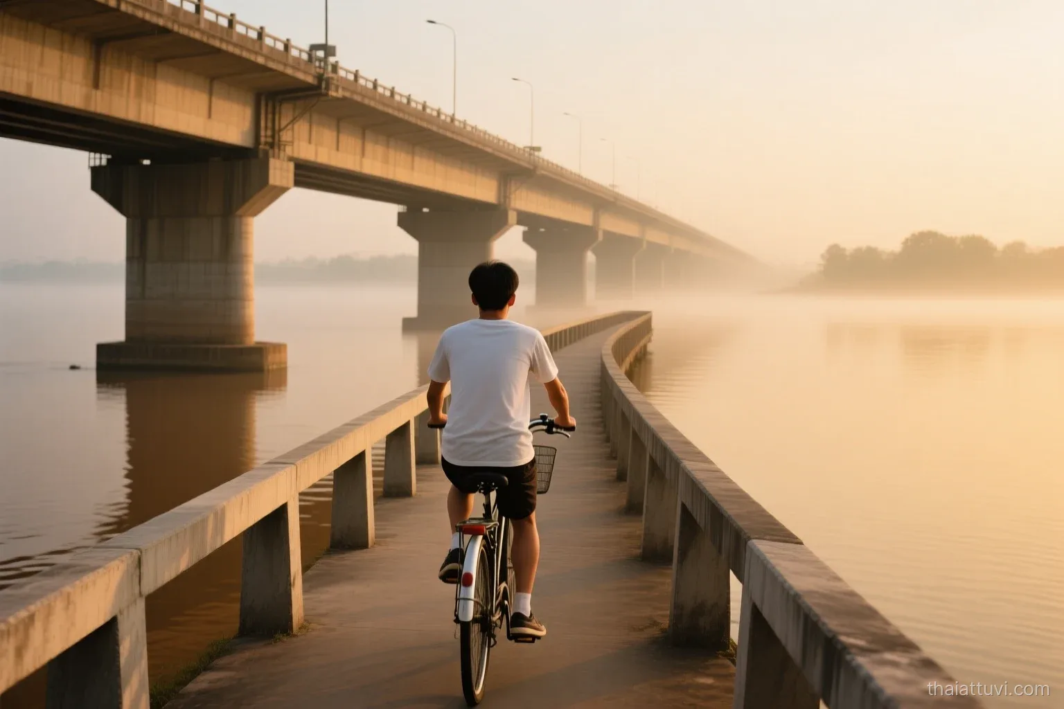A young Vietnamese man around thirty seen from behind cycling across a long concrete bridge over a wide brown river at early morning, mist over water, soft gold light