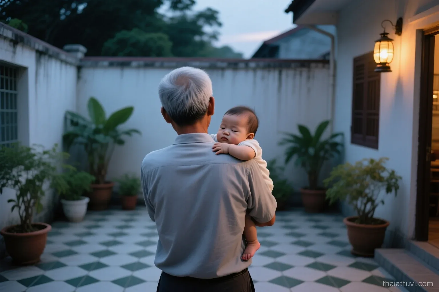 A grey-haired Vietnamese man seen from behind holding a sleeping toddler on his shoulder in a quiet tiled courtyard at evening, potted plants and a warm lantern