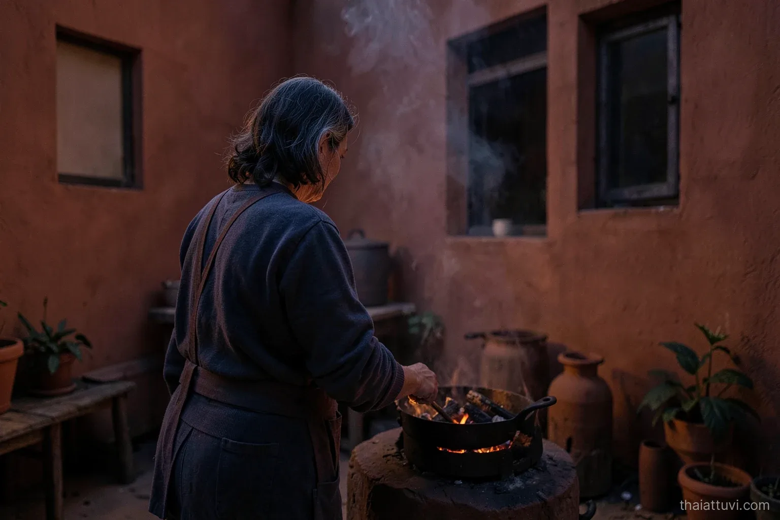 A woman in her late thirties seen from behind tending a clay charcoal stove in a small courtyard kitchen at dusk, soft smoke-free warm glow, terracotta and indigo tones