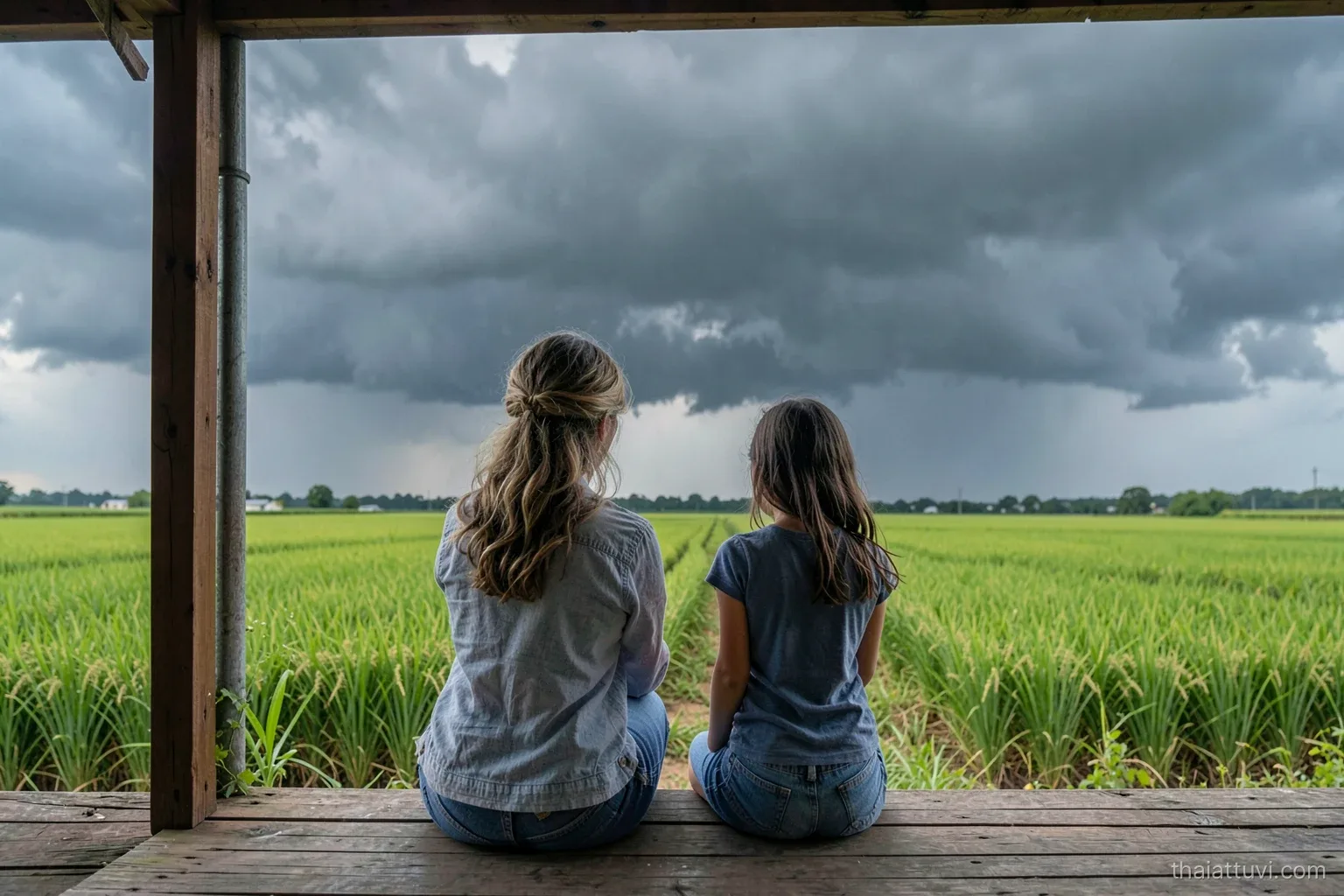 A grandmother and her teenage granddaughter seen from behind sitting on a wooden porch step watching a summer thunderstorm roll over rice fields, dramatic grey sky