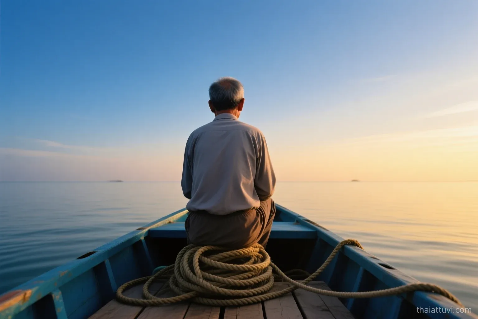 A Vietnamese man in his forties seen from behind on a small fishing boat at dawn, coiled ropes at his feet, calm open sea and indigo sky turning gold
