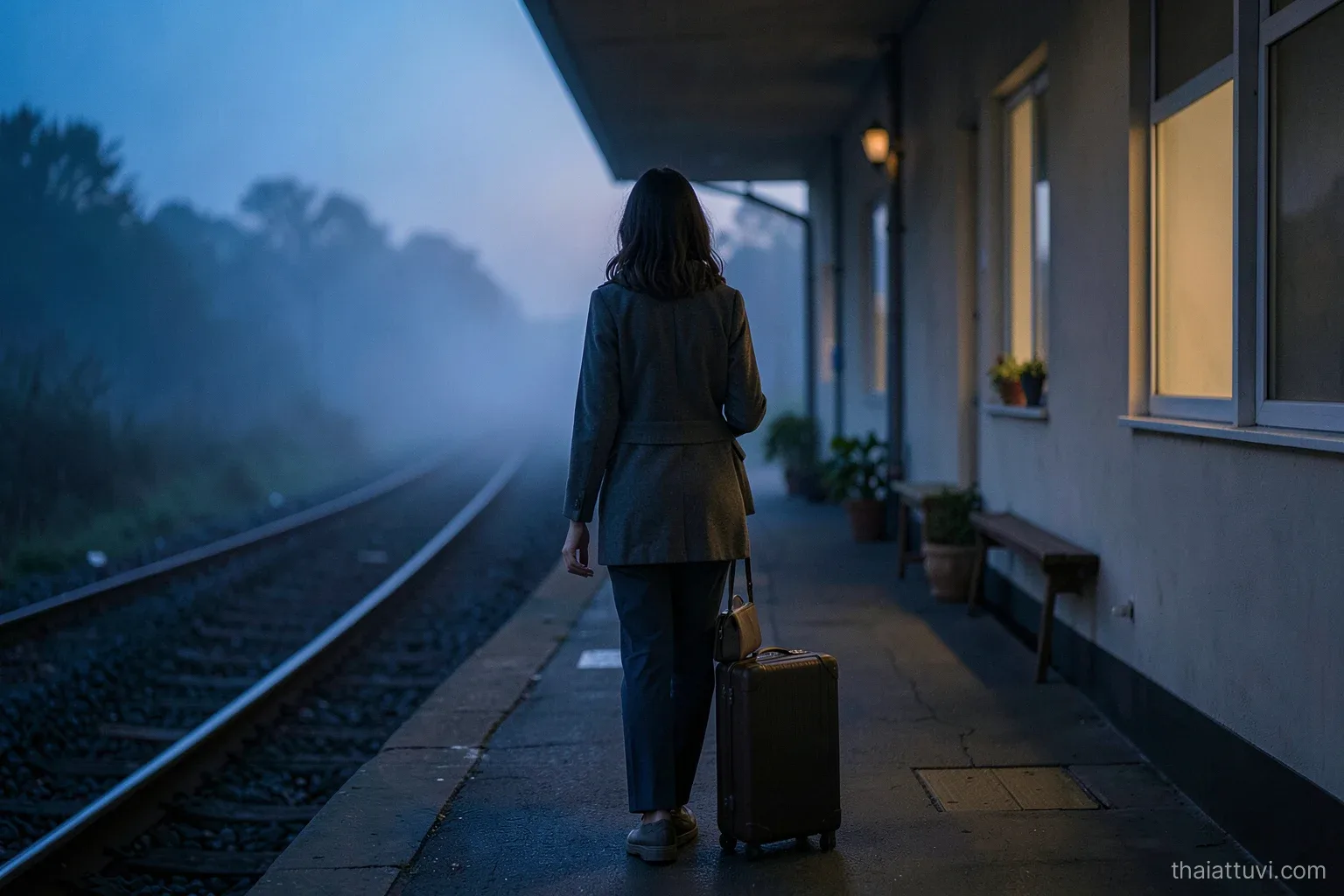A young woman seen from behind waiting on a quiet railway platform at dawn beside a small suitcase, misty tracks stretching away, cool blue light with a warm glow