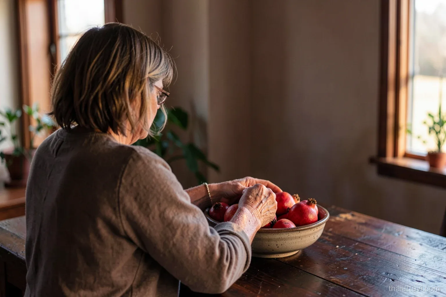 Close view of a woman in her forties seen from behind arranging pomegranates in a ceramic bowl on a dark wooden table, late afternoon window light, warm red and indigo tones